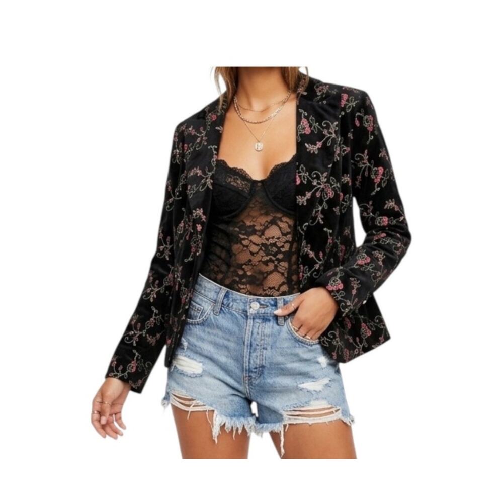 Vintage Black Corduroy Blazer Floral Embroidered Jacket Small Indie Boho